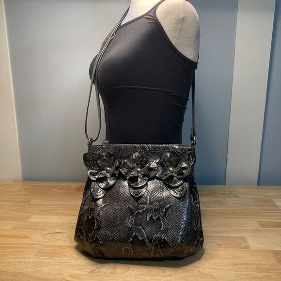 Nicole Miller, Snakeskin Print Gray Black Vegan Leather, Rosette Accents Womens - Picture 2 of 12
